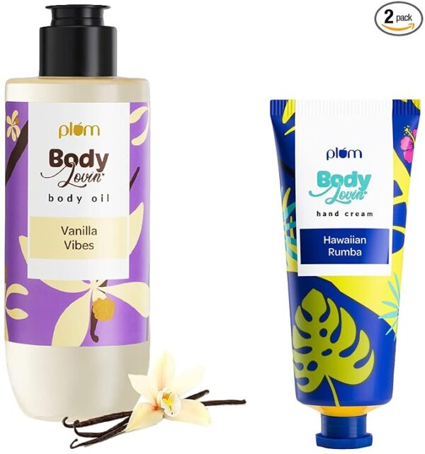 Plum BodyLovin' Hawaiian Rumba Vegan Cruelty-Free Non-Greasy Winter Care Hand Cream for All Skin Types -Beachy & Plum BodyLovin' Vanilla Vibes Body Oil (100 ml) Combo